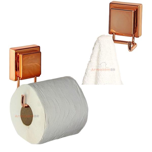 Kit Suporte Papel Higiênico Gancho Duplo Multiuso Porta Toalha Banheiro Ventosa Rose Gold - Future Imagem de Kit Suporte Papel Higiênico Gancho Duplo Multiuso Porta Toalha Banheiro Ventosa Rose Gold - Future