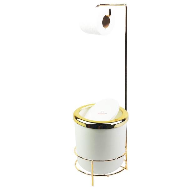 Imagem de Kit Suporte Papel Higiênico lixeira 5 Litros Basculante Redonda Banheiro Branco Dourado - AMZ