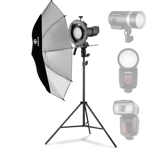 Imagem de Kit Suporte Para Flash Speedlite Godox S2 Com Sombrinha E Tripé 2m Preto e Prata