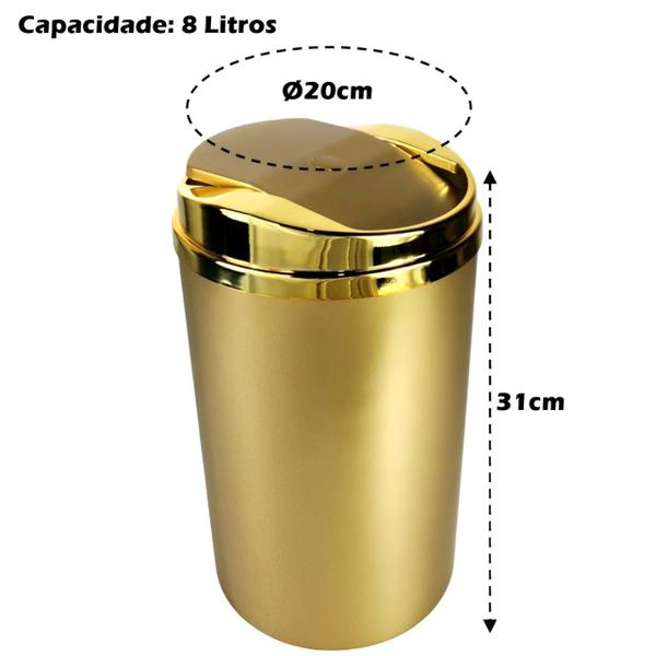 Imagem de Kit Suporte Porta Papel Higiênico Com Lixeira 8L Tampa Basculante De Banheiro Dourado - AMZ