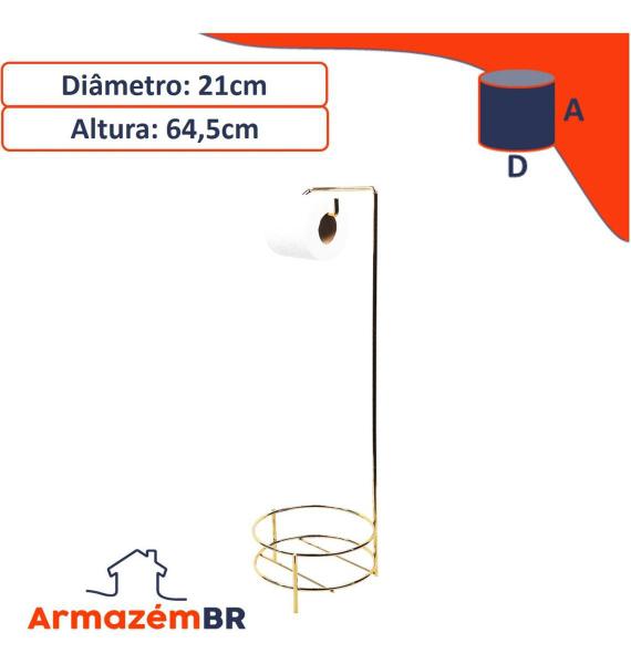 Imagem de Kit Suporte Porta Papel Higiênico Com Lixeira 8L Tampa Cesto Lixo Branco Dourado Chão Banheiro - Future