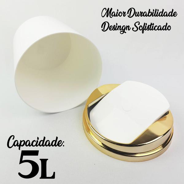 Imagem de Kit Suporte Porta Papel Higiênico Lixeira 5L Cesto Lixo Tampa Basculante Banheiro Branco Dourado - AMZ