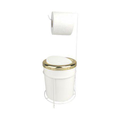 Imagem de Kit Suporte Porta Papel Higiênico Lixeira 5L Cesto Lixo Tampa Basculante Redonda Banheiro Branco Dourado - AMZ