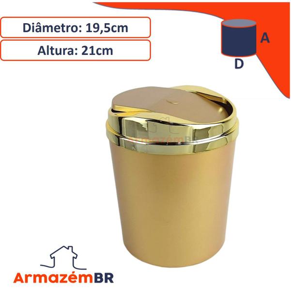 Imagem de Kit Suporte Porta Papel Higiênico Lixeira 5L Cesto Lixo Tampa Basculante Retangular Banheiro Dourado - AMZ