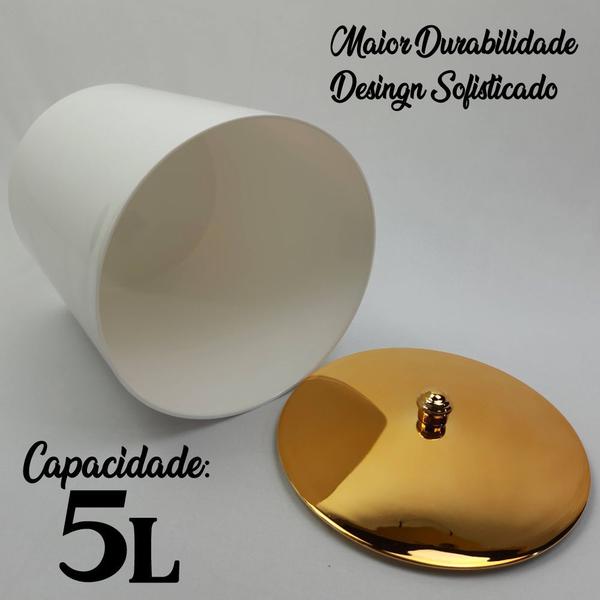 Imagem de Kit Suporte Porta Papel Higiênico Lixeira 5L Cesto Lixo Tampa Pino Banheiro Branco Dourado - AMZ