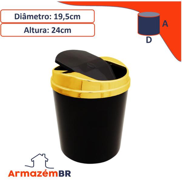 Imagem de Kit Suporte Porta Papel Higiênico Lixeira 5L Tampa Basculante Banheiro Preto Dourado - AMZ