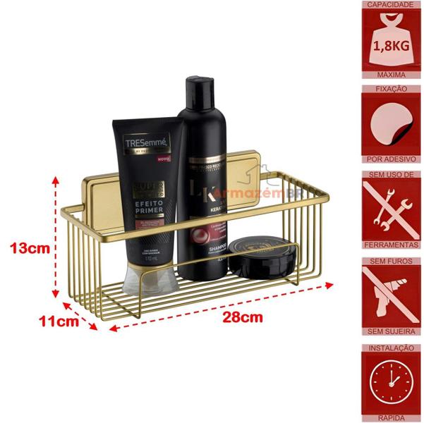 Imagem de Kit Suporte Porta Shampoo Prateleira Saboneteira Banheiro Adesivo Dupla Face Dourado - Future