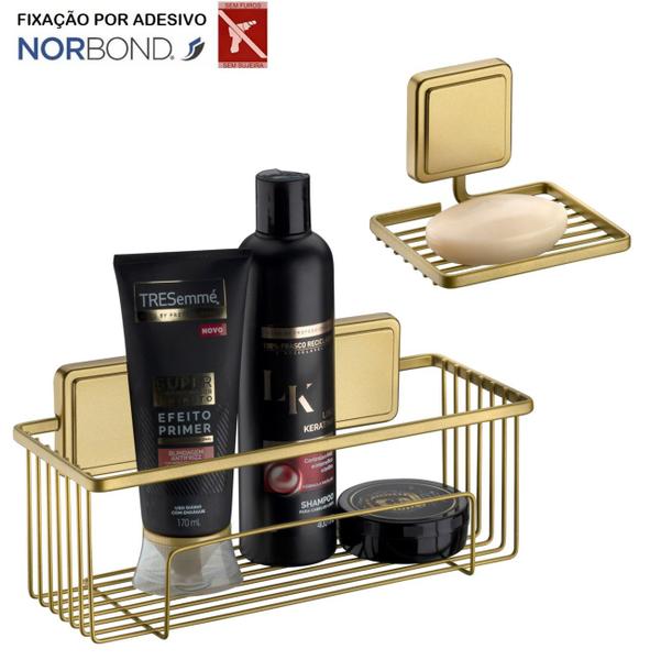 Imagem de Kit Suporte Porta Shampoo Prateleira Saboneteira Banheiro Adesivo Dupla Face Dourado - Future