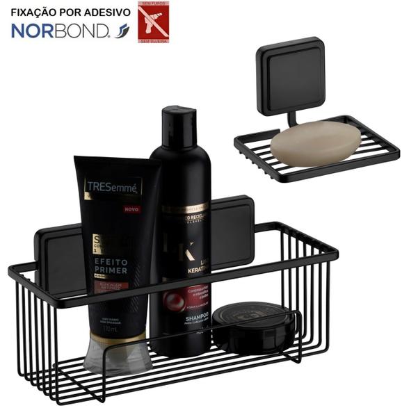 Imagem de Kit Suporte Porta Shampoo Prateleira Saboneteira Banheiro Adesivo Dupla Face Preto Fosco - Future