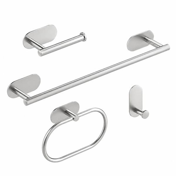 Kit Suportes de Banheiro Porta Toalha de Banho e Rosto, Papeleira e Gancho Prata Aço Inox 304 Sem Furo Adesivo 3M 4 Peças - JOCENTER Kit Suportes de Banheiro Porta Toalha de Banho e Rosto, Papeleira e Gancho Prata Aço Inox 304 Sem Furo Adesivo 3M 4 Peças - JOCENTER