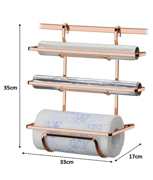 Imagem de Kit Suportes Porta Rolo Triplo Papel Toalha Condimentos Temperos Com Barra 45cm Rose Cobre Gold Cozinha - Future 