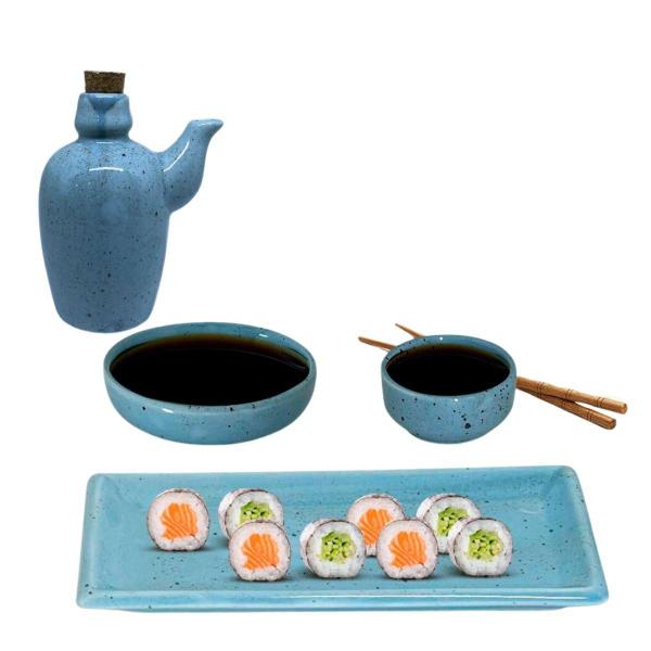 Imagem de Kit Sushi Comida Japonesa Porcelana 4 Pessoas Azul Mesclado 9 peças + Hashi Molheira 110mL