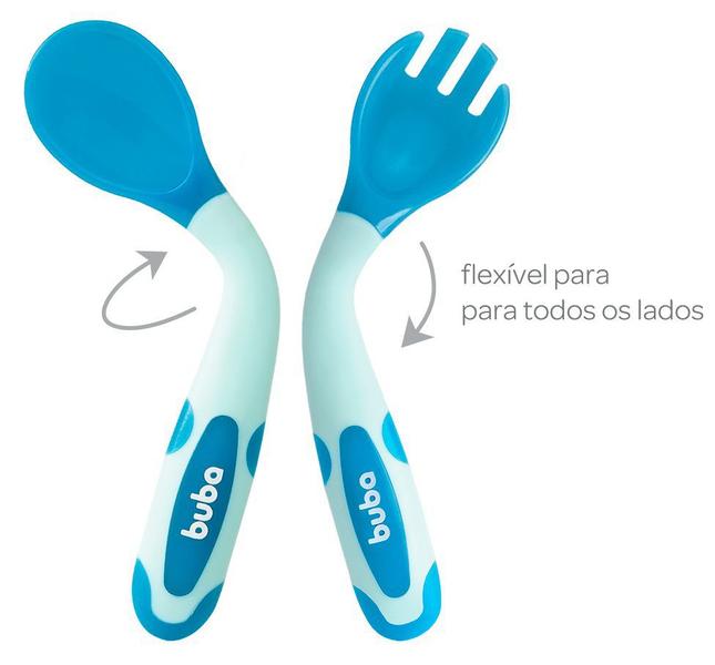 Imagem de Kit Talher Infantil Colher e Garfo Flexível e Termossensível Azul Buba