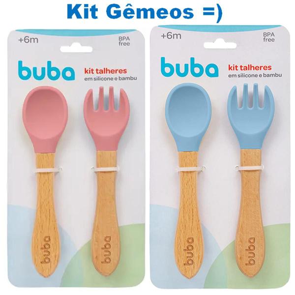 Imagem de Kit Talher Infantil Garfo e Colher Em Bambu Azul Rosa Buba