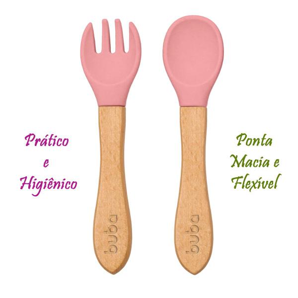 Imagem de Kit Talher Silicone e Bambu Prático e Higiênico Refeição Bebê Buba