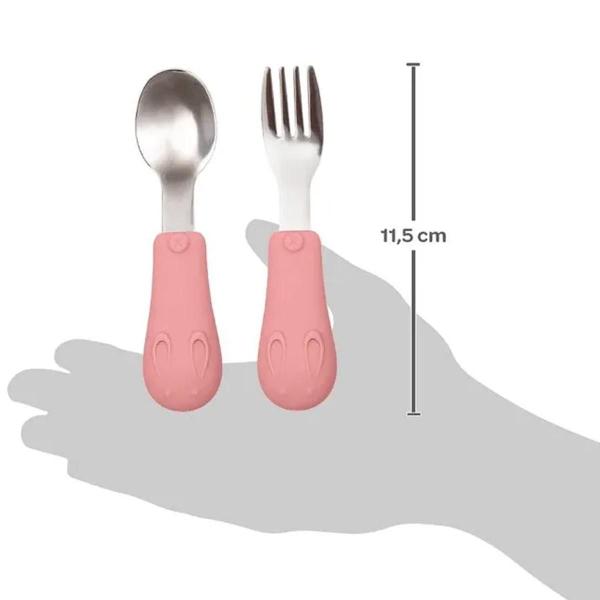 Imagem de Kit Talher Silicone Inox Coelhinho Rosa Garfo e Colher Buba