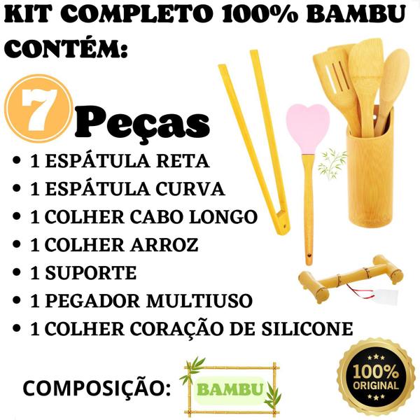 Imagem de Kit Talheres Bambu Utensílios Colher de Pau Espátulas c/ Suporte Cozinha Essencial Completo