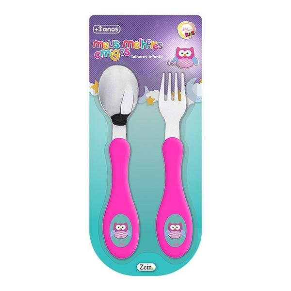 Kit Talheres Bebe Infantil Inox Coruja Garfinho e Colher - Art Baby Imagem de Kit Talheres Bebe Infantil Inox Coruja Garfinho e Colher
