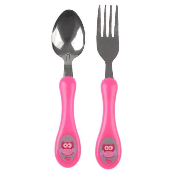 Kit Talheres Bebe Infantil Inox Coruja Garfinho e Colher - Art Baby Imagem de Kit Talheres Bebe Infantil Inox Coruja Garfinho e Colher