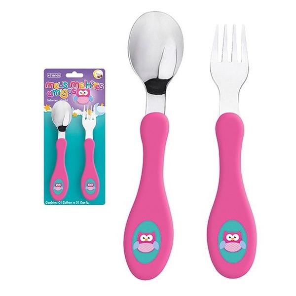 Kit Talheres Bebe Infantil Inox Coruja Garfinho e Colher - Art Baby Imagem de Kit Talheres Bebe Infantil Inox Coruja Garfinho e Colher