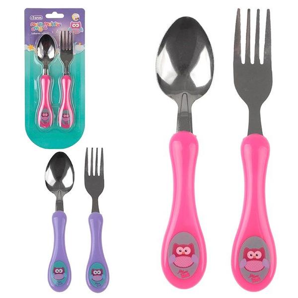 Kit Talheres Bebe Infantil Inox Coruja Garfinho e Colher - Art Baby Imagem de Kit Talheres Bebe Infantil Inox Coruja Garfinho e Colher
