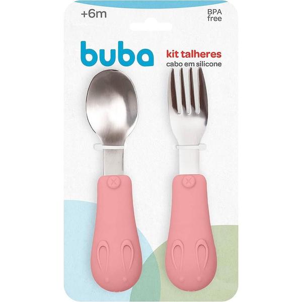 Kit talheres cabo em silicone rosa buba Imagem de Kit talheres cabo em silicone rosa buba