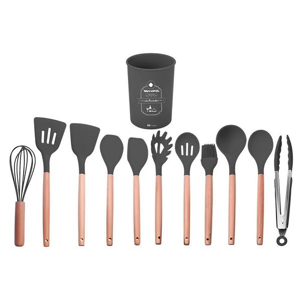 Imagem de Kit Talheres Cozinha Silicone Flórida Suporte 12 Pçs Grafite