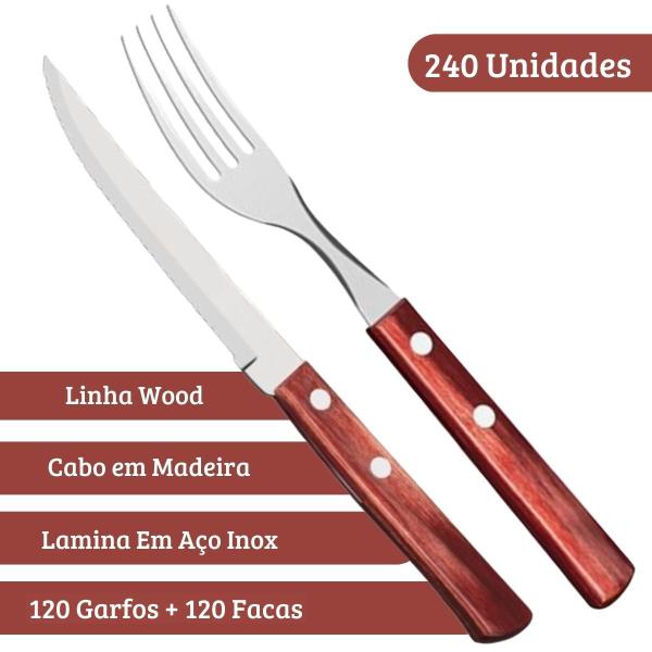 Imagem de Kit Talheres De Mesa Em Inox Com Cabo De Madeira 240 Peças