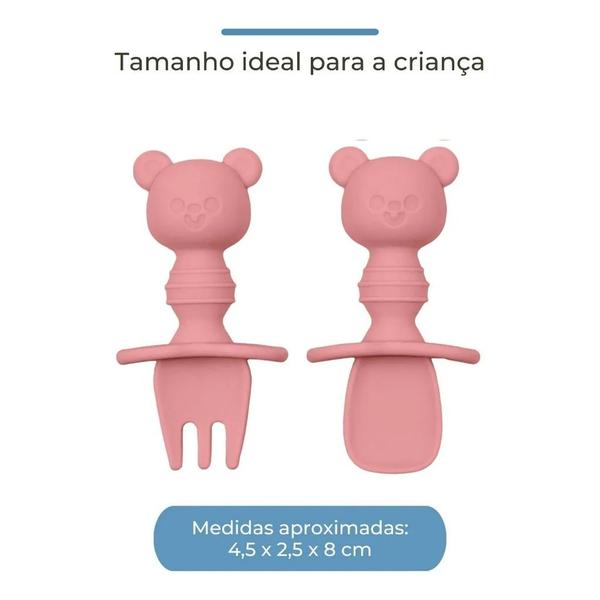 Imagem de Kit Talheres em Silicone Infantil Ursinho Rosa 15814 - Buba