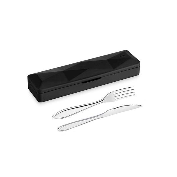 Imagem de Kit Talheres Garfo Faca Inox e Estojo Preto Viagem 3un