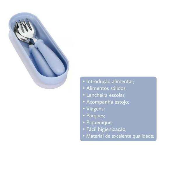 Imagem de Kit Talheres Infantil Colher Garfo Inox Kit Com Estojo Jogo Bebe Azul