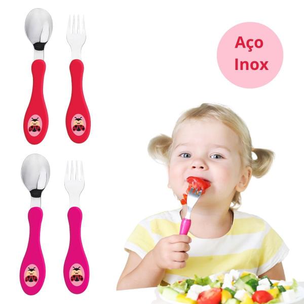 Imagem de Kit Talheres Infantil com Colher e Garfo Animais em Inox Não Machuca