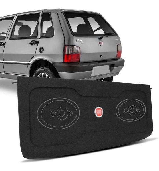 Imagem de Kit Tampão Porta Malas Fiat  Uno 1985 a 2013 Carpete Grafite Furos Alto Falante 6x9 Bagagito