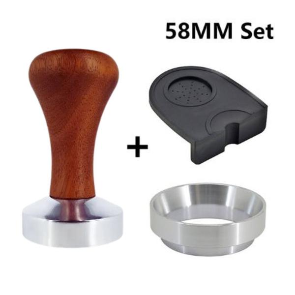 Imagem de Kit Tamper Cabo Madeira 58mm + Tapete Base Tamper + Anel Funil para Portafiltro 58mm