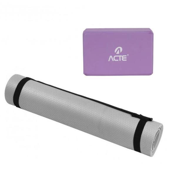 Imagem de Kit Tapete Yoga Mat 170cm T10-NC Cinza + Bloco para exercícios Roxo - Acte Sports