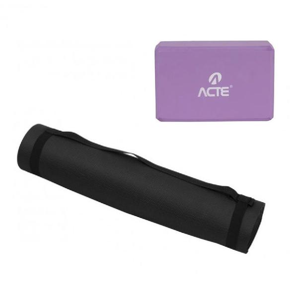 Imagem de Kit Tapete Yoga Mat 170cm T10-NP Preto + Bloco para exercícios Roxo - Acte Sports