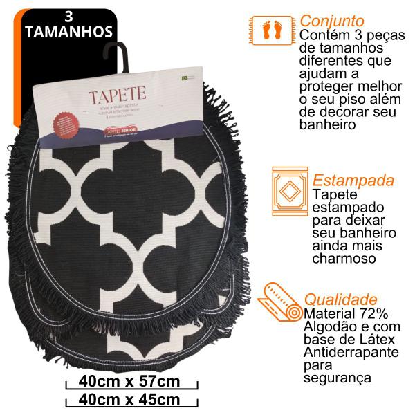 Imagem de Kit Tapetes Para Banheiro Rustico Simple Com Franja Preto 3 Peças Antiderrapante Antibacterias