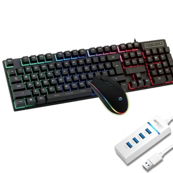 Imagem de Kit teclado e mouse ergonômico LED RGB Com Hub Usb 3.0