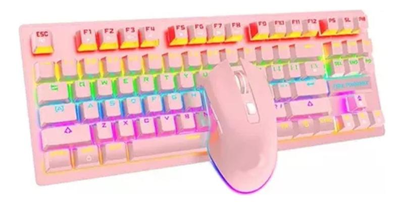 Imagem de Kit Teclado E Mouse Mecânico Abnt2 Gamer Iluminação Led Rgb Switch Blue Usb MousePad Be-k1 Rosa