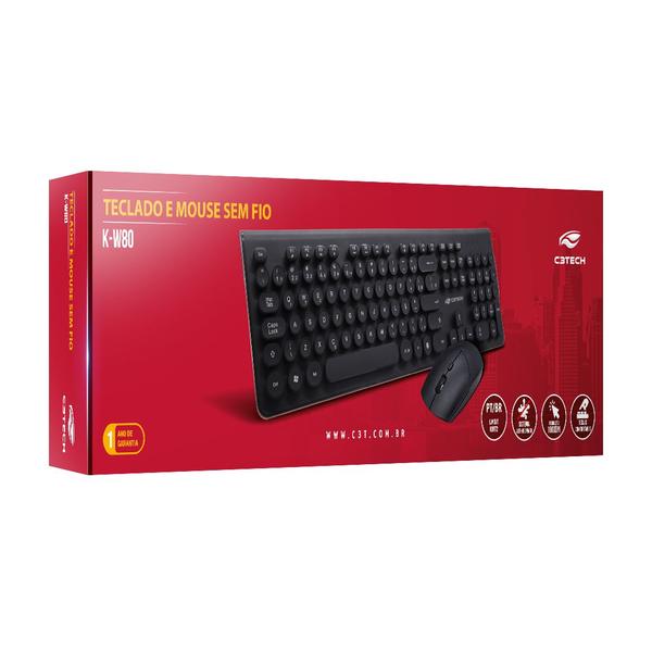 Imagem de Kit Teclado e Mouse Sem Fio C3Tech Preto K-W80BK