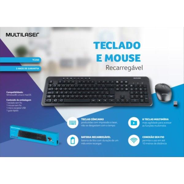 Kit Teclado e Mouse Sem Fio Teclas Flutuantes Côncavas ABNT2 8 Teclas Multimídia Multi TC250 - Multilaser Imagem de Kit Teclado e Mouse Sem Fio Teclas Flutuantes Côncavas ABNT2 8 Teclas Multimídia Multi TC250