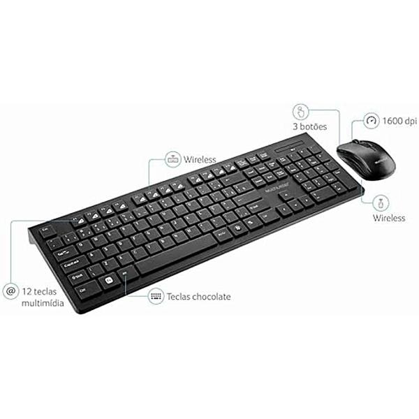 Imagem de Kit Teclado e Mouse sem Fio USB Silencioso Multilaser 