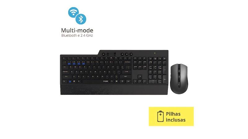 Imagem de Kit Teclado e Mouse Sem Fio (Wireless) Rapoo 8200T BT+2.4GHz 5 Anos de Garantia Pilha Inclusa - Preto