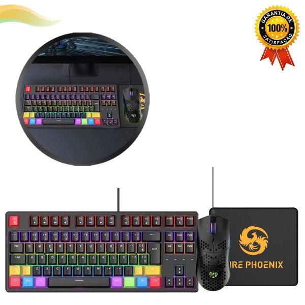 Imagem de Kit Teclado Mecânico E Mouse Gamer LED RGB Mousepad Fire Phoenix Tecido Antiderrapante