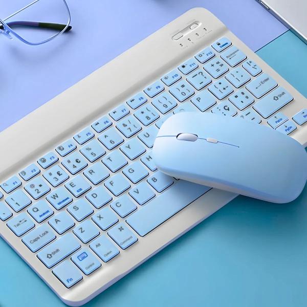 Imagem de Kit Teclado + Mouse Azul Sem Fio Slim com Conexão Bluetooth