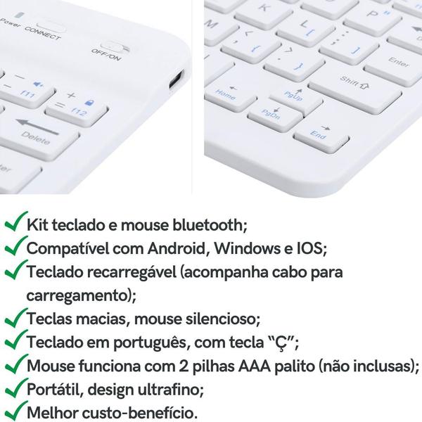 Imagem de Kit Teclado Mouse Bluetooth Ultrafino ABNT Ç + Suporte de Mesa Para Celular Tablet Branco