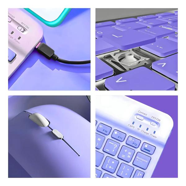 Imagem de Kit Teclado + Mouse Roxo Sem Fio Slim com Conexão Bluetooth