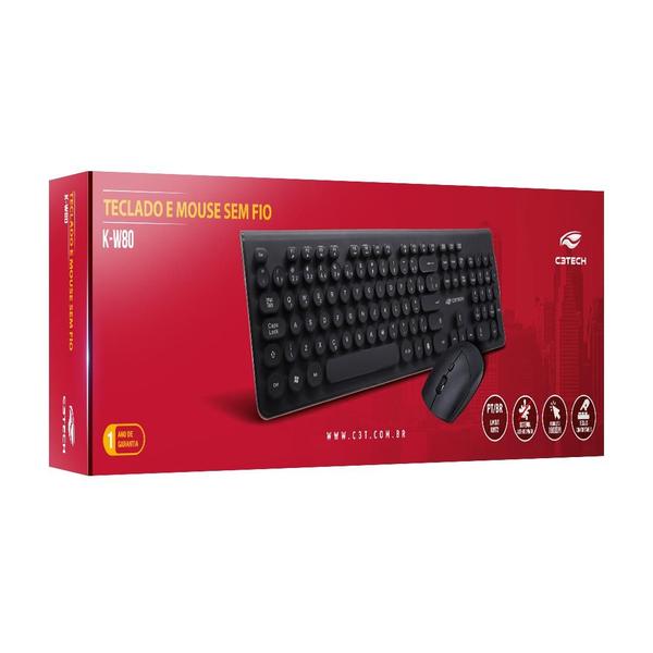 Imagem de Kit Teclado + Mouse Sem Fio K-W80BK Preto C3Tech