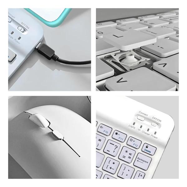 Imagem de Kit Teclado Recarregável e Mouse Sem Fio Branco c/ Bluetooth