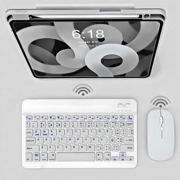 Imagem de Kit Teclado sem Fio ABNT1 Led + Mouse Slim Branco Bluetooth